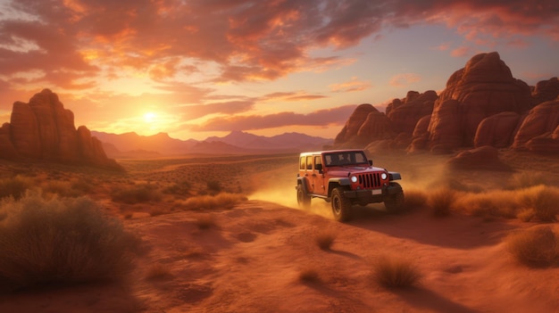 A jeep wrangler drives through a desert at sunset.
