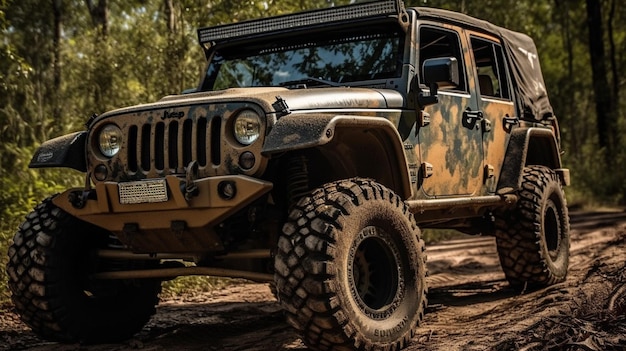 A jeep wrangler is parked on a trail in the woods.