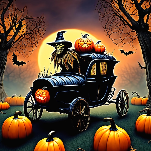 A jeepers creepers in a styleflower infused pumpkin carriage detailed and hyper realistic face