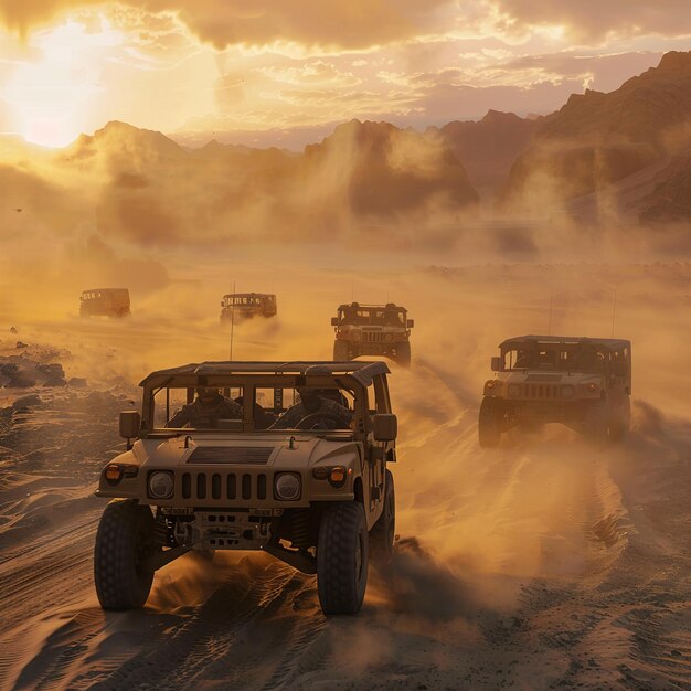 Photo jeeps are driving through the sand and dust storm