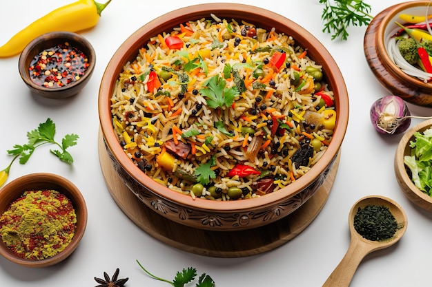 Foto jeera riso biriyani con spezie in insalata di terracotta