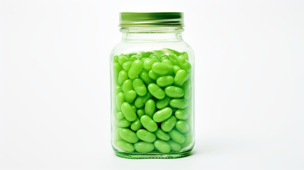 Jelly beans in a bottle on a white background