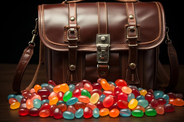 Photo jelly beans in a vintage camera bag