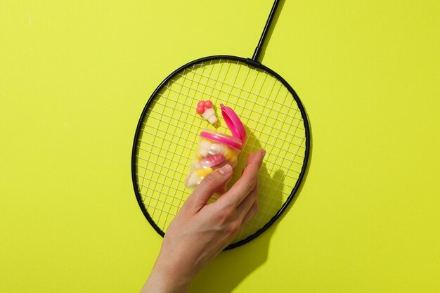 Photo jelly candies in jar on tennis racket female hand on green background