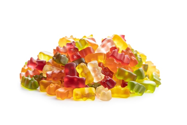 Jelly gummy bears candy Colorful sweet confectionery isolated on white baackground