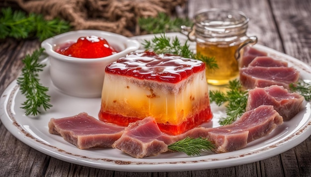 Jelly met vlees rundvlees aspic traditionele Russische gerecht portie op een bord mosterd en horseradish