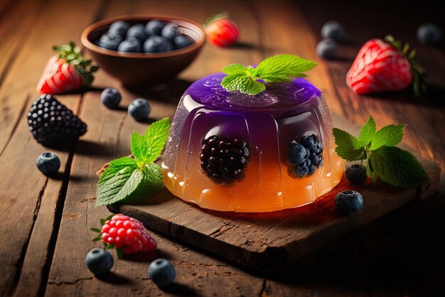 Jelly and ripe fruit set out on a wooden board