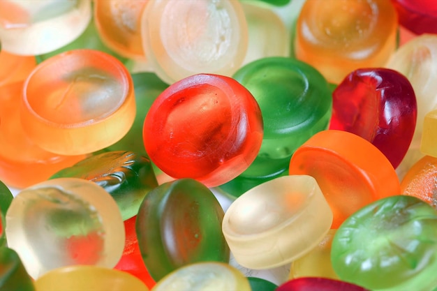 Jelly round candies of different colors closeup