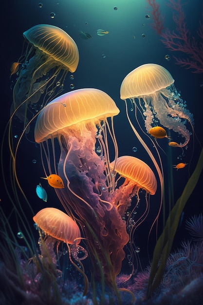 Jellyfish on a dark background.