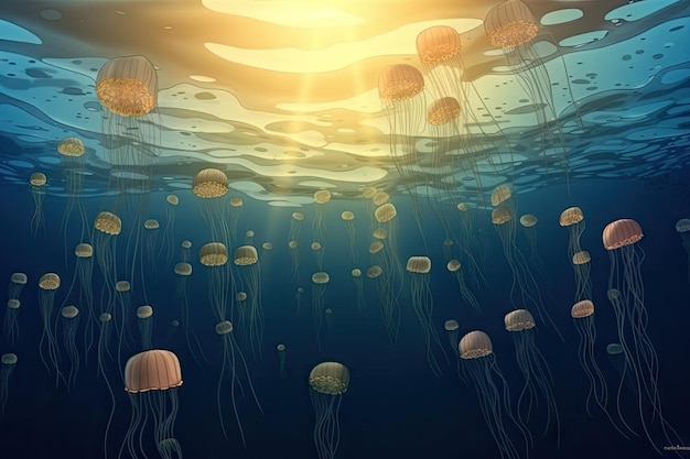 Jellyfish drifing through the water with background of coral reef created with generative ai