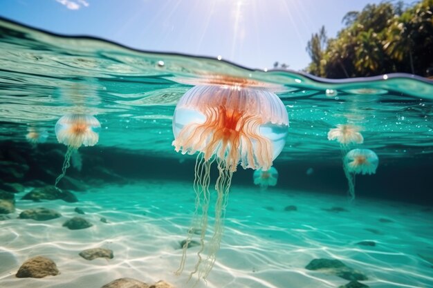 Jellyfish drijven in helderblauw water tropisch eiland met strand en palmen splitview achtergrond wi