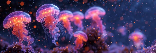 Jellyfish drijvend in de magische oceaan prachtige kosmische neon paarse zee collectie van dieren 3d