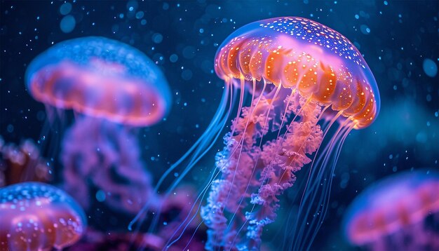 Jellyfish drijvend in de magische oceaan prachtige kosmische neon paarse zee collectie van dieren 3d