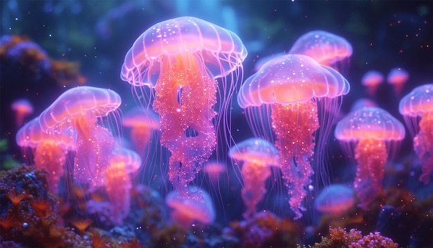 Jellyfish drijvend in de magische oceaan prachtige kosmische neon paarse zee collectie van dieren 3d