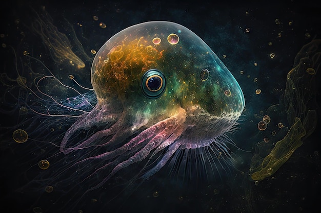 Jellyfish fantastic in space with round eye on dark background