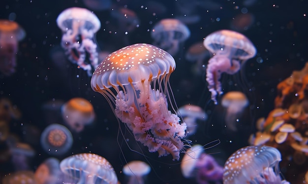 Jellyfish float in tank with dark background