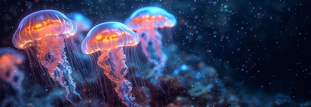 Фото Медузы, плавающие в волшебном океане красивая космическая неоновая фиолетовая коллекция морских животных 3d
