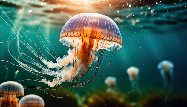 Jellyfish floats in dark sea water Underwater life Clean ocean