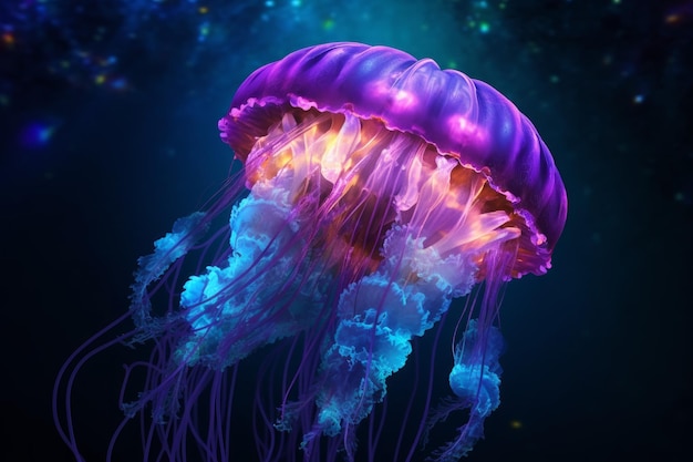 Photo jellyfish glowing pink underwater fish generate ai