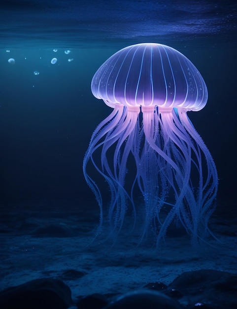 Jellyfish glowing sea at night background