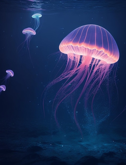 Jellyfish glowing sea at night background