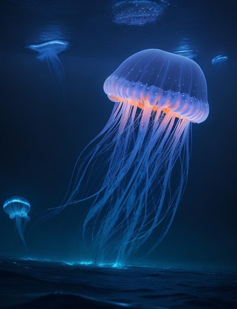 Jellyfish glowing sea at night background