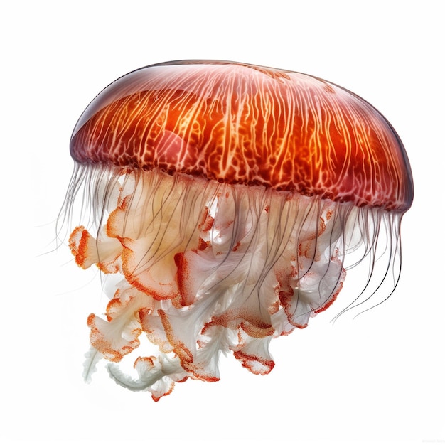 A jellyfish is being released by a white background.