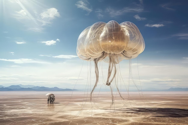 A jellyfish is floating in the desert with a blue sky in the background