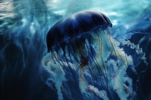 A jellyfish is floating in the ocean.