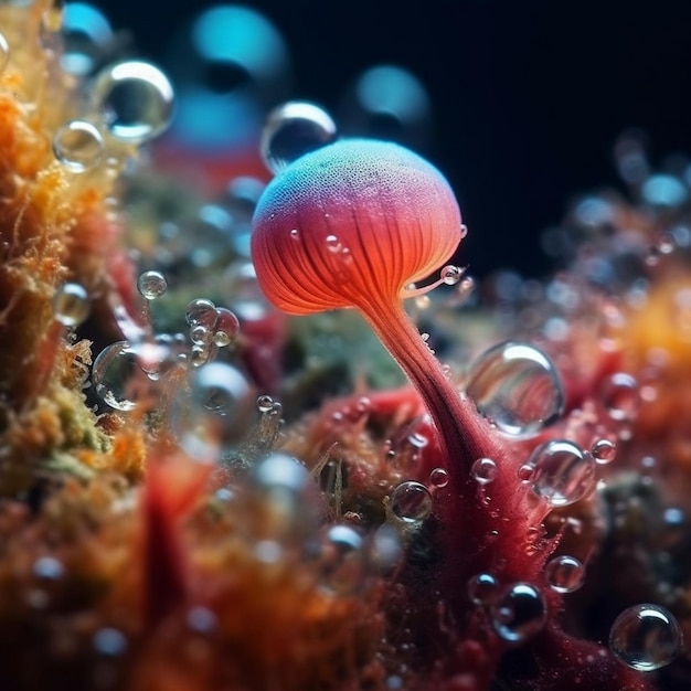 a jellyfish is floating in the water and is surrounded by bubbles.