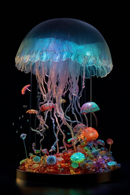 A jellyfish is lit up in a dark room.