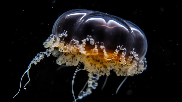 A jellyfish is seen in a dark aquarium.