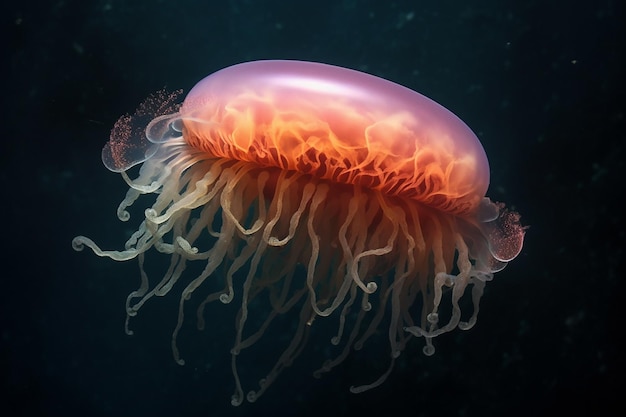 A jellyfish is seen in the dark water.