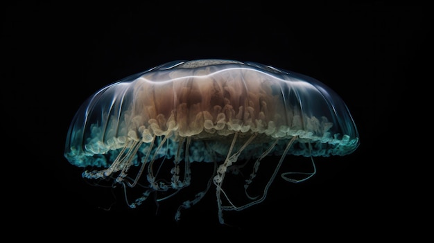 A jellyfish is seen in the dark.