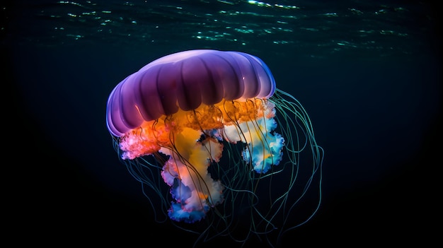 A jellyfish is seen in the dark.