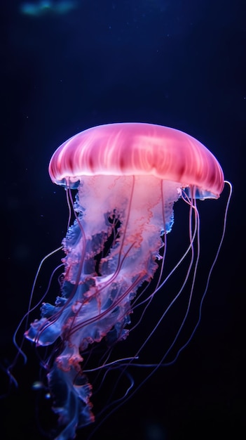 A jellyfish is seen in the dark.