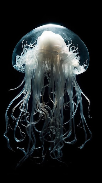 A jellyfish is shown in a black background.