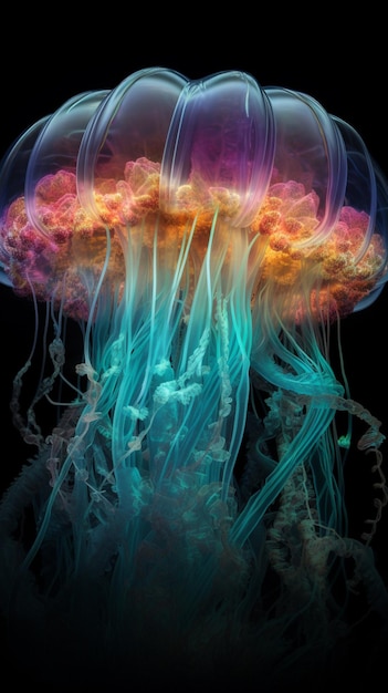 A jellyfish is shown in a black background.