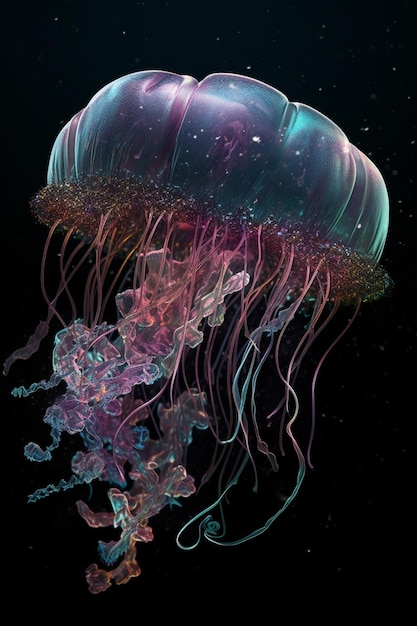 A jellyfish is shown in a black background.