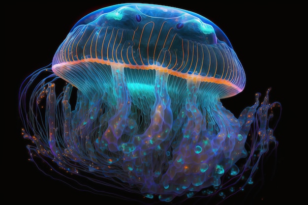 A jellyfish is shown in a black background.