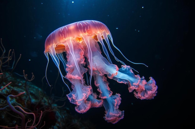 a jellyfish is shown in a dark ocean