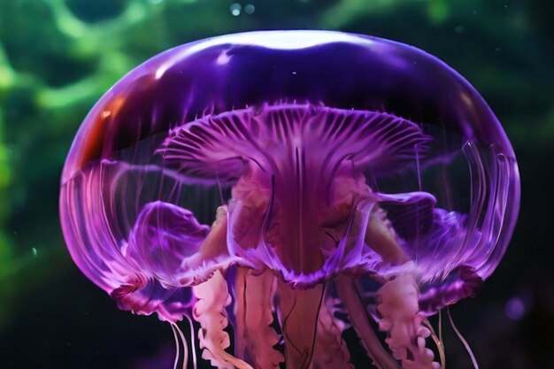 A jellyfish is shown with a purple and green color