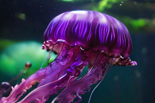 A jellyfish is shown with a purple and green color