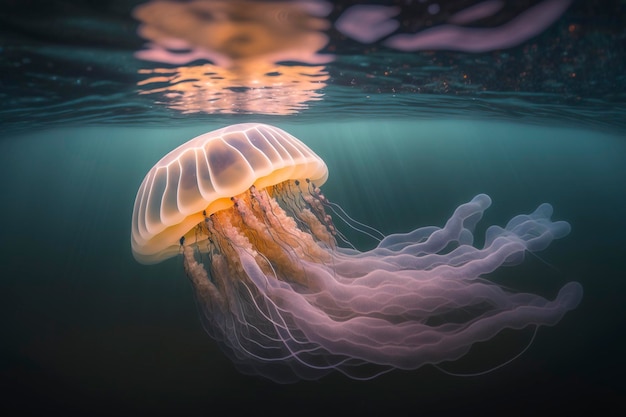 A jellyfish is swimming under water with the light shining on it