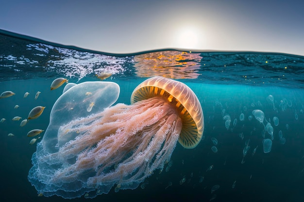 A jellyfish is swimming under water with the light shining on it