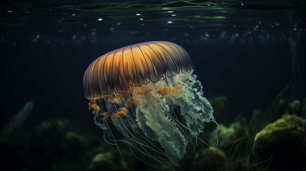 A jellyfish is swimming in the water.