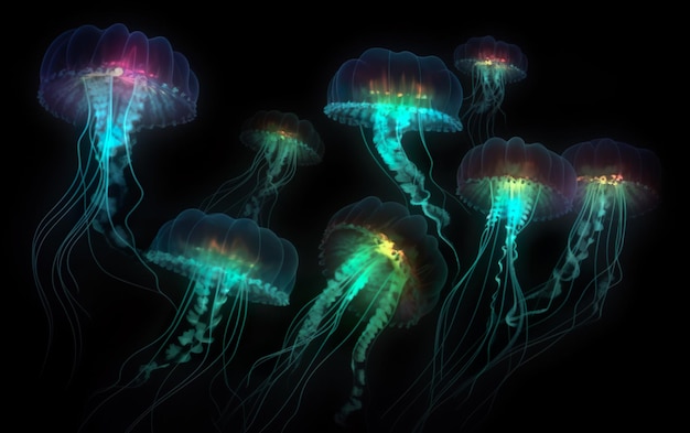 Jellyfish in neon light on black background 3d illustration