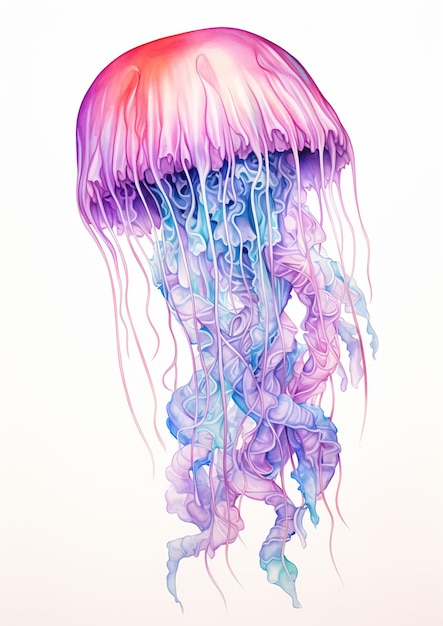 Photo jellyfish red purple coloring pencil drawing magenta blue wet