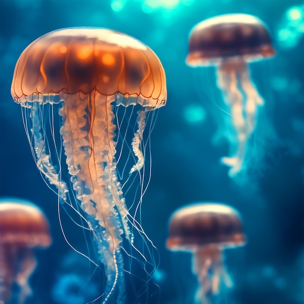 Jellyfish In Sea Blue Intense Bokeh Long Lent