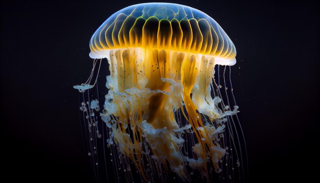 A jellyfish swimming on a black background